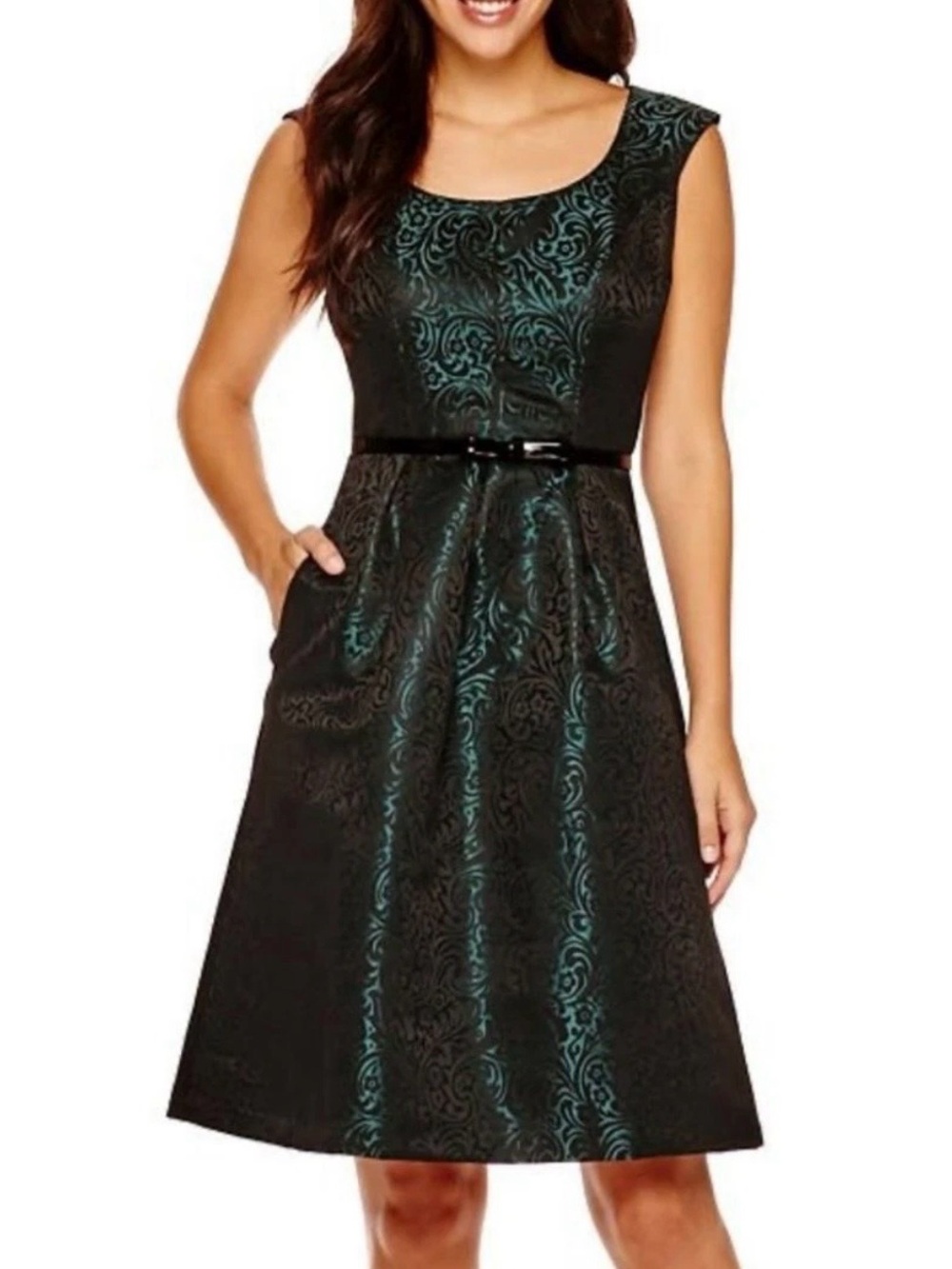 Black label by Evan Picone emerald green with black brocade dress 14, NWT
